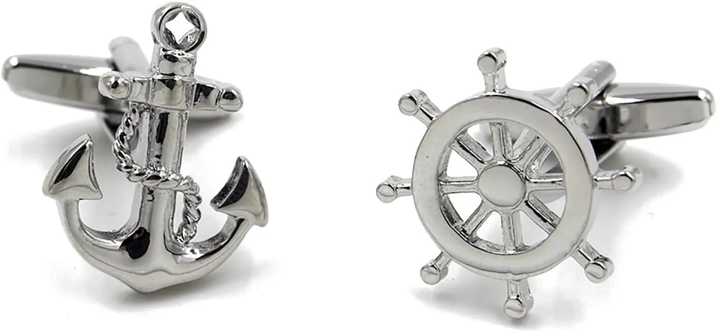 Anchor and Ship Wheel Silver Cufflinks for Men, Nautical-Themed Design, Great for Sailors and Ocean Lovers