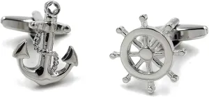 Anchor and Ship Wheel Silver Cufflinks for Men, Nautical-Themed Design, Great for Sailors and Ocean Lovers