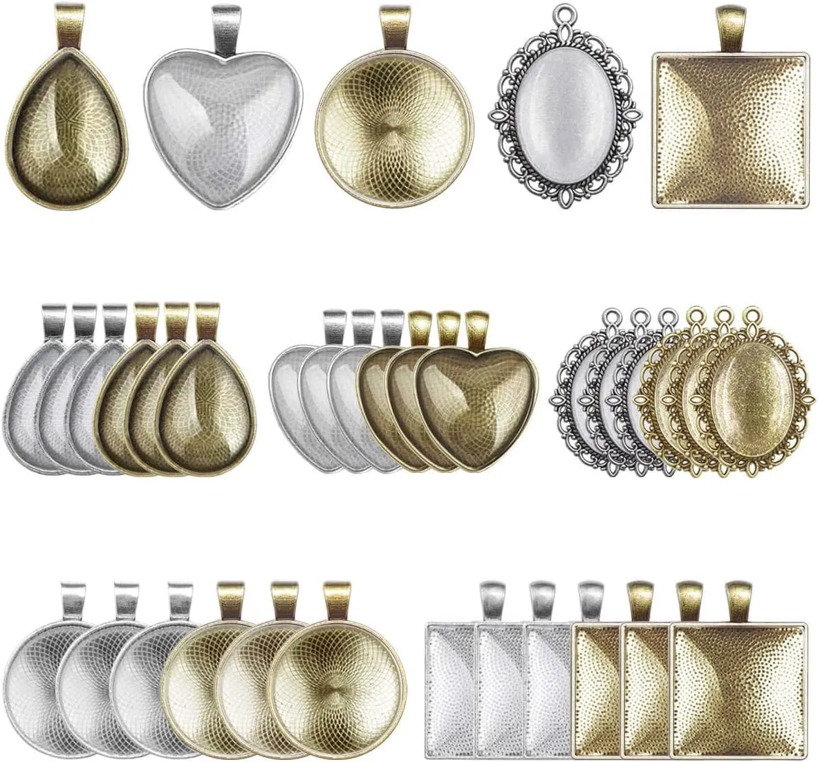 Anezus 60Pcs Pendant Trays, Bezel Pendant Trays Blanks with Glass Cabochons for Pendants Making and Jewelry Making, 5 Styles