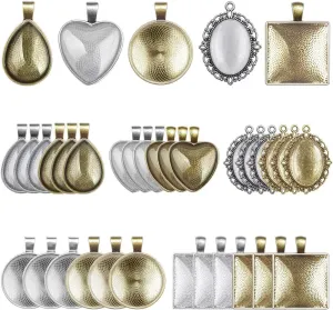Anezus 60Pcs Pendant Trays, Bezel Pendant Trays Blanks with Glass Cabochons for Pendants Making and Jewelry Making, 5 Styles