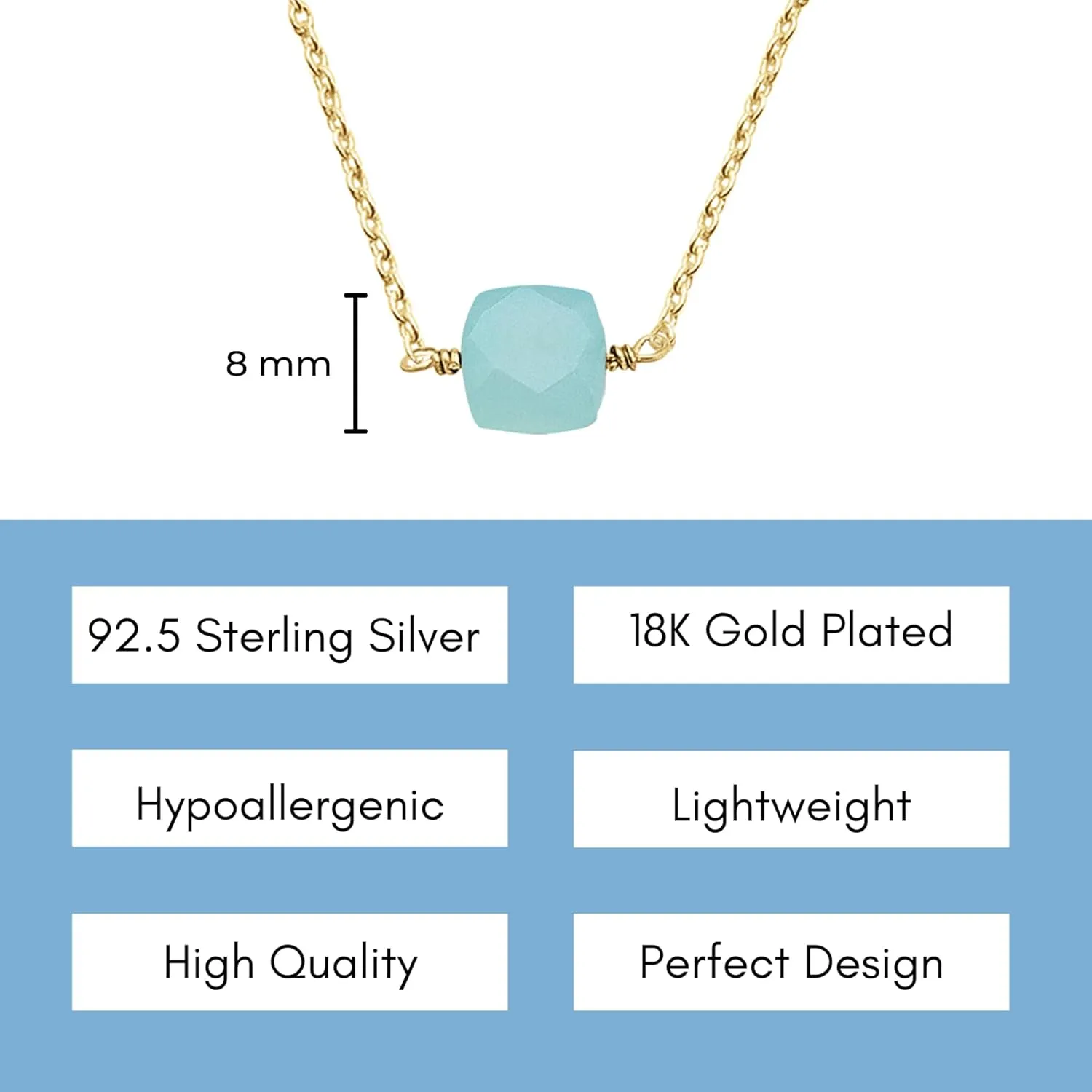Aqua Chalcedony Necklace for Women, Premium Gold Cube Necklaces - Tarnish Free 18K Gold Plated Certified S925 Classic Statement Necklace Gold Jewelry for Women - Mothers Day Gifts for Mom Wife