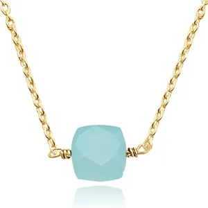 Aqua Chalcedony Necklace for Women, Premium Gold Cube Necklaces - Tarnish Free 18K Gold Plated Certified S925 Classic Statement Necklace Gold Jewelry for Women - Mothers Day Gifts for Mom Wife