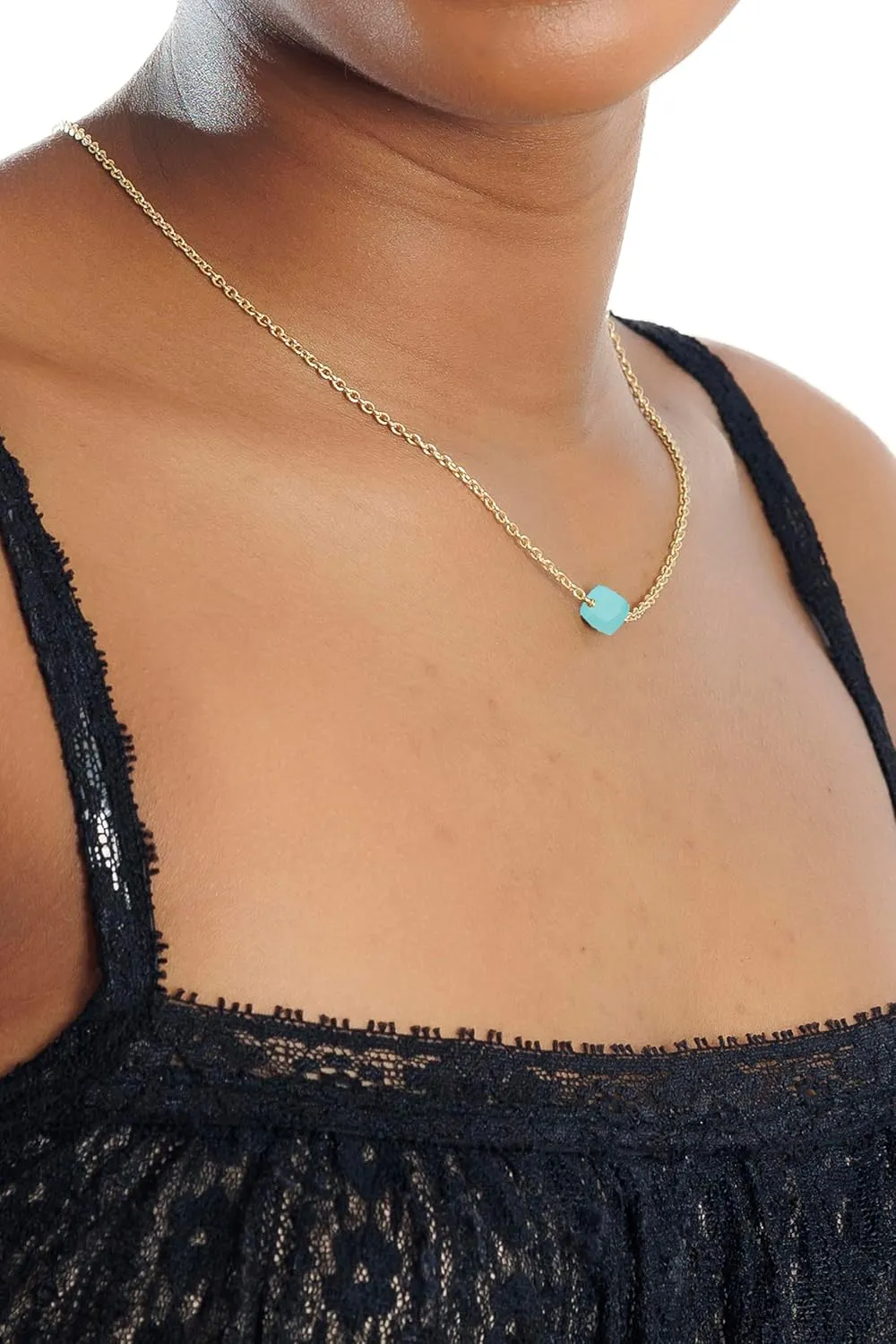 Aqua Chalcedony Necklace for Women, Premium Gold Cube Necklaces - Tarnish Free 18K Gold Plated Certified S925 Classic Statement Necklace Gold Jewelry for Women - Mothers Day Gifts for Mom Wife