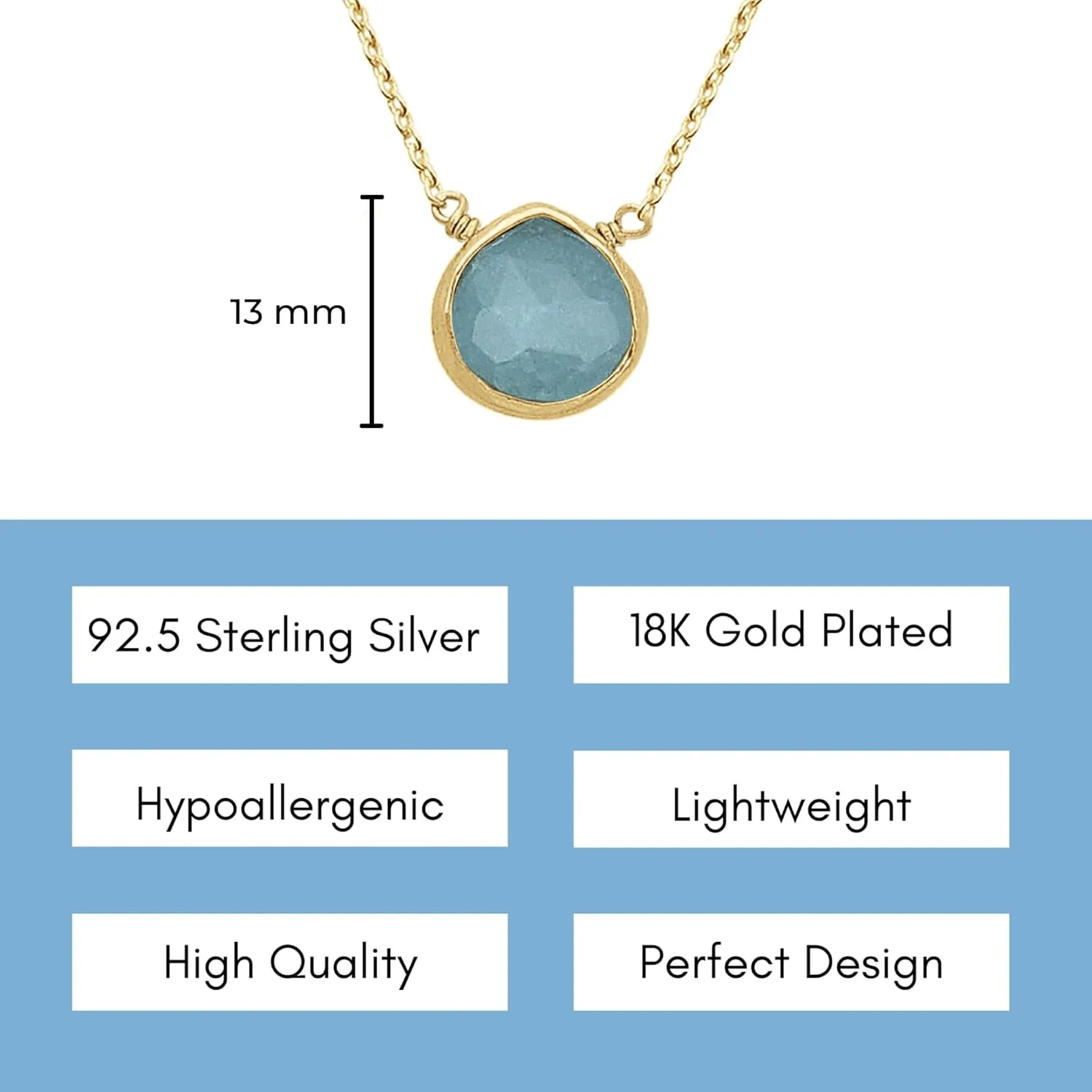 Aquamarine Necklace for Women, Premium Gold Heart Bezel Necklaces - Tarnish Free 18K Gold Plated Certified S925 Classic Statement Necklace Gold Jewelry for Women - Mothers Day Gifts for Mom Wife