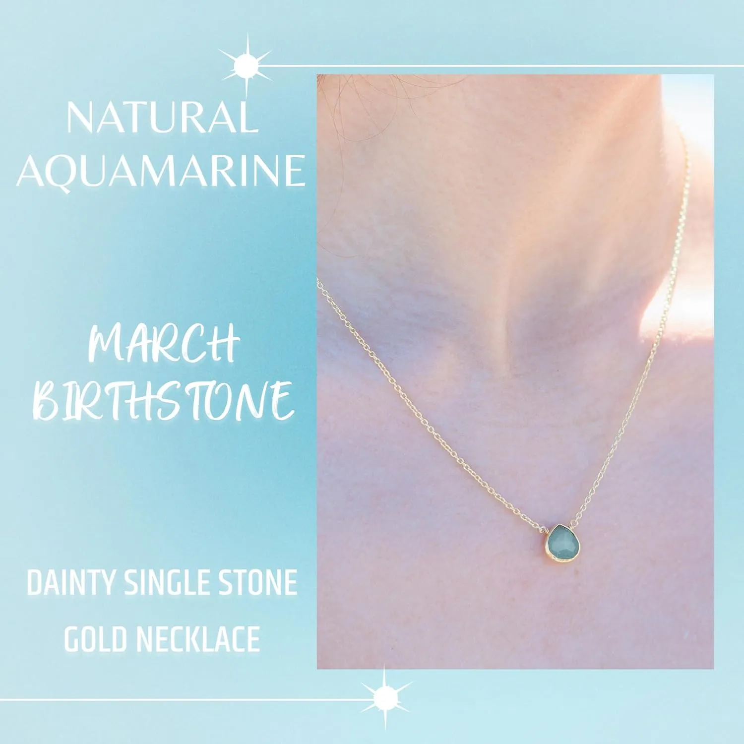 Aquamarine Necklace for Women, Premium Gold Heart Bezel Necklaces - Tarnish Free 18K Gold Plated Certified S925 Classic Statement Necklace Gold Jewelry for Women - Mothers Day Gifts for Mom Wife