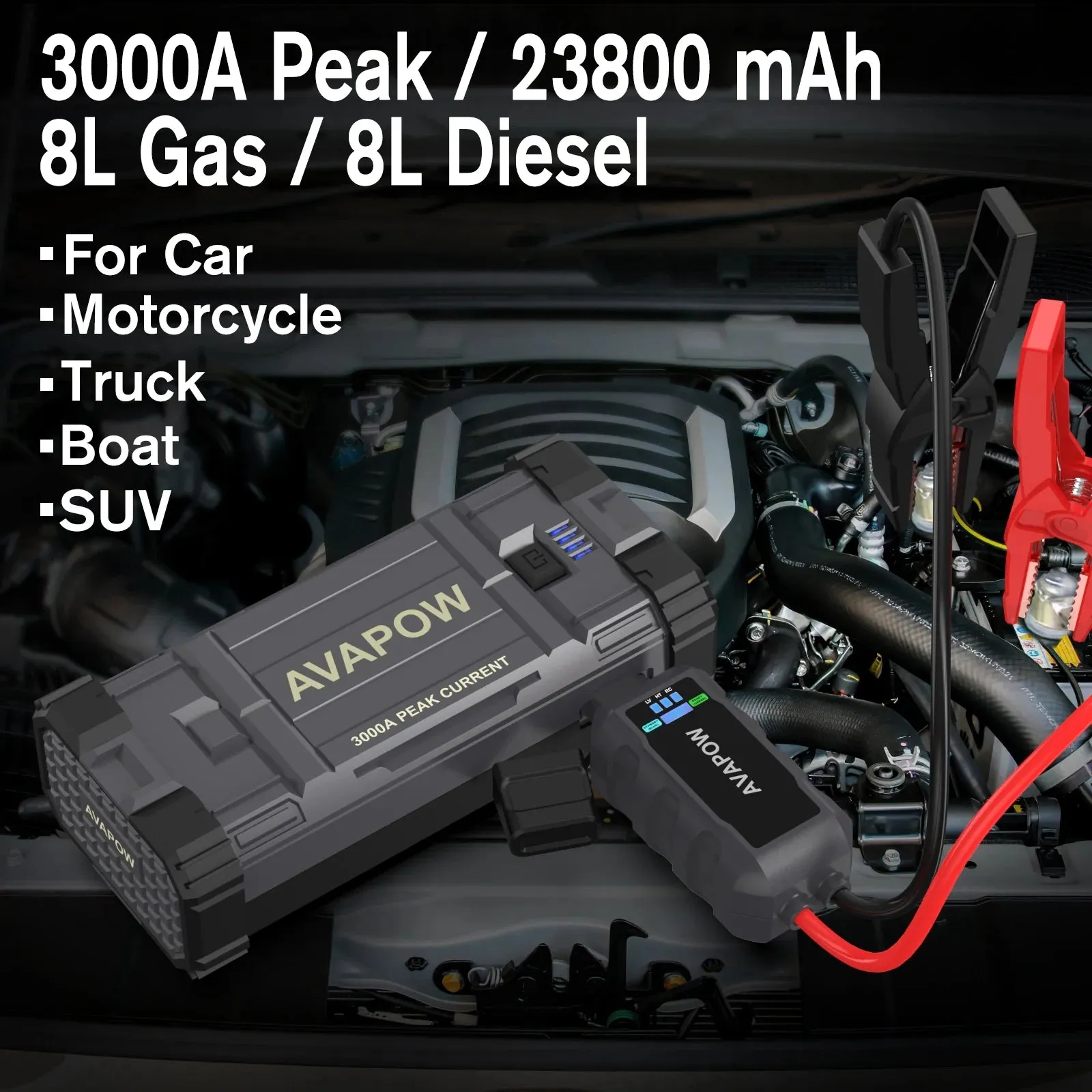 AVAPOW Car Battery Jump Starter ,3000A Peak Jump Starter Battery Pack with Force Start Function, 12V Lithium Jump Charger Pack Box for Up to 8L Gas 8L Diesel Engine