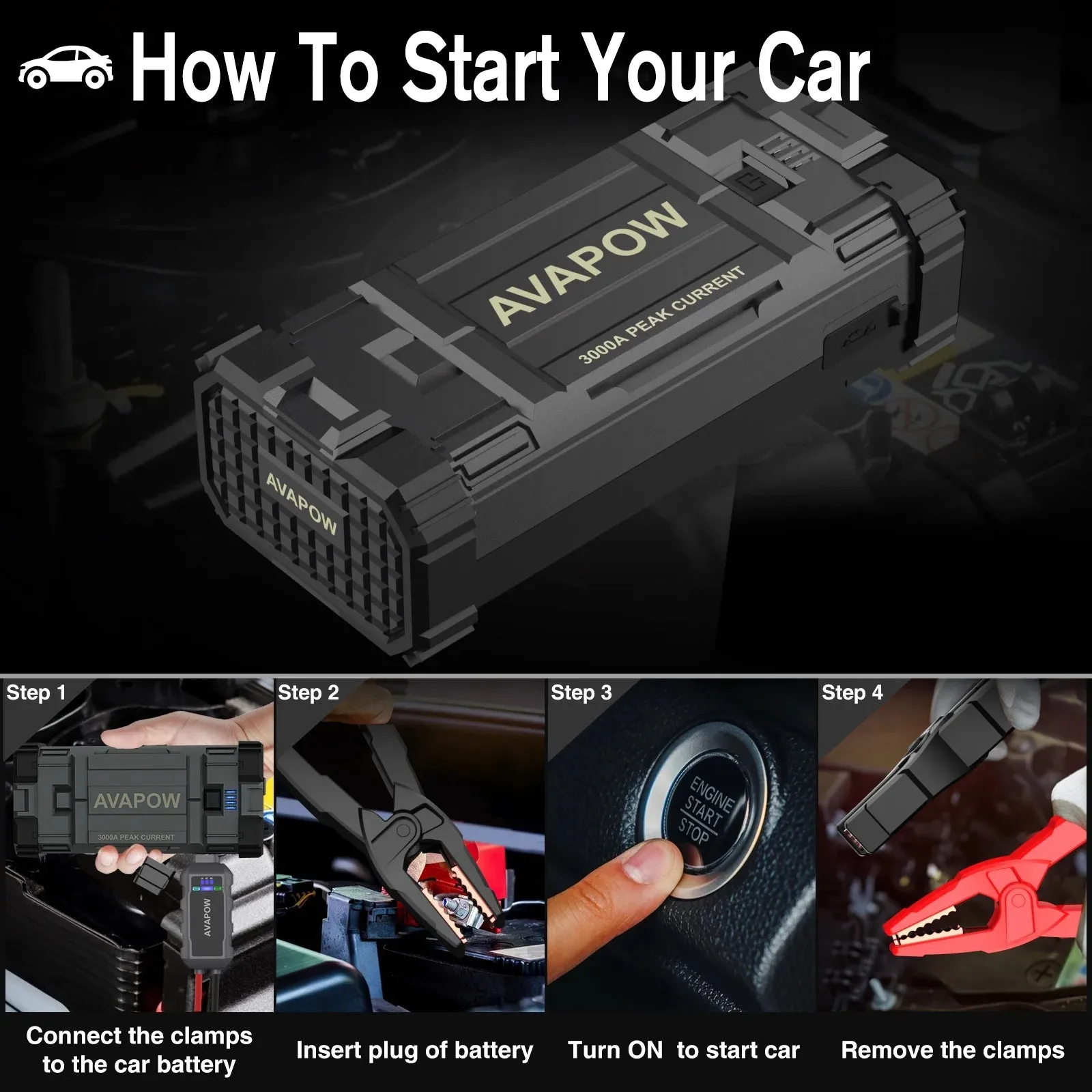 AVAPOW Car Battery Jump Starter ,3000A Peak Jump Starter Battery Pack with Force Start Function, 12V Lithium Jump Charger Pack Box for Up to 8L Gas 8L Diesel Engine