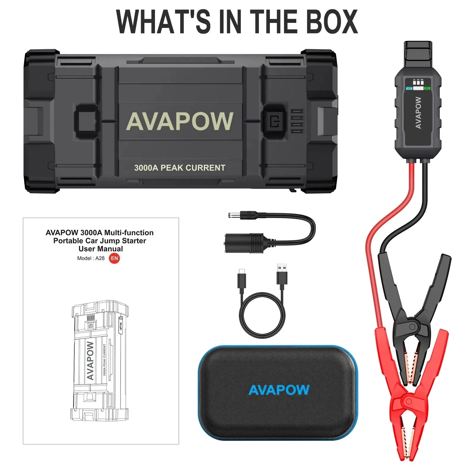 AVAPOW Car Battery Jump Starter ,3000A Peak Jump Starter Battery Pack with Force Start Function, 12V Lithium Jump Charger Pack Box for Up to 8L Gas 8L Diesel Engine
