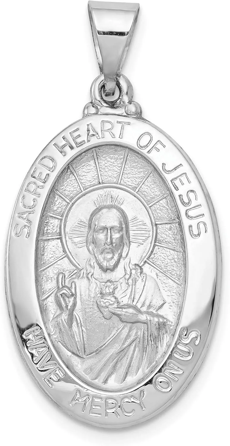 Avariah 14K White Gold Polish/Satin Sacred Heart Jesus Hollow Pendant - 27mm