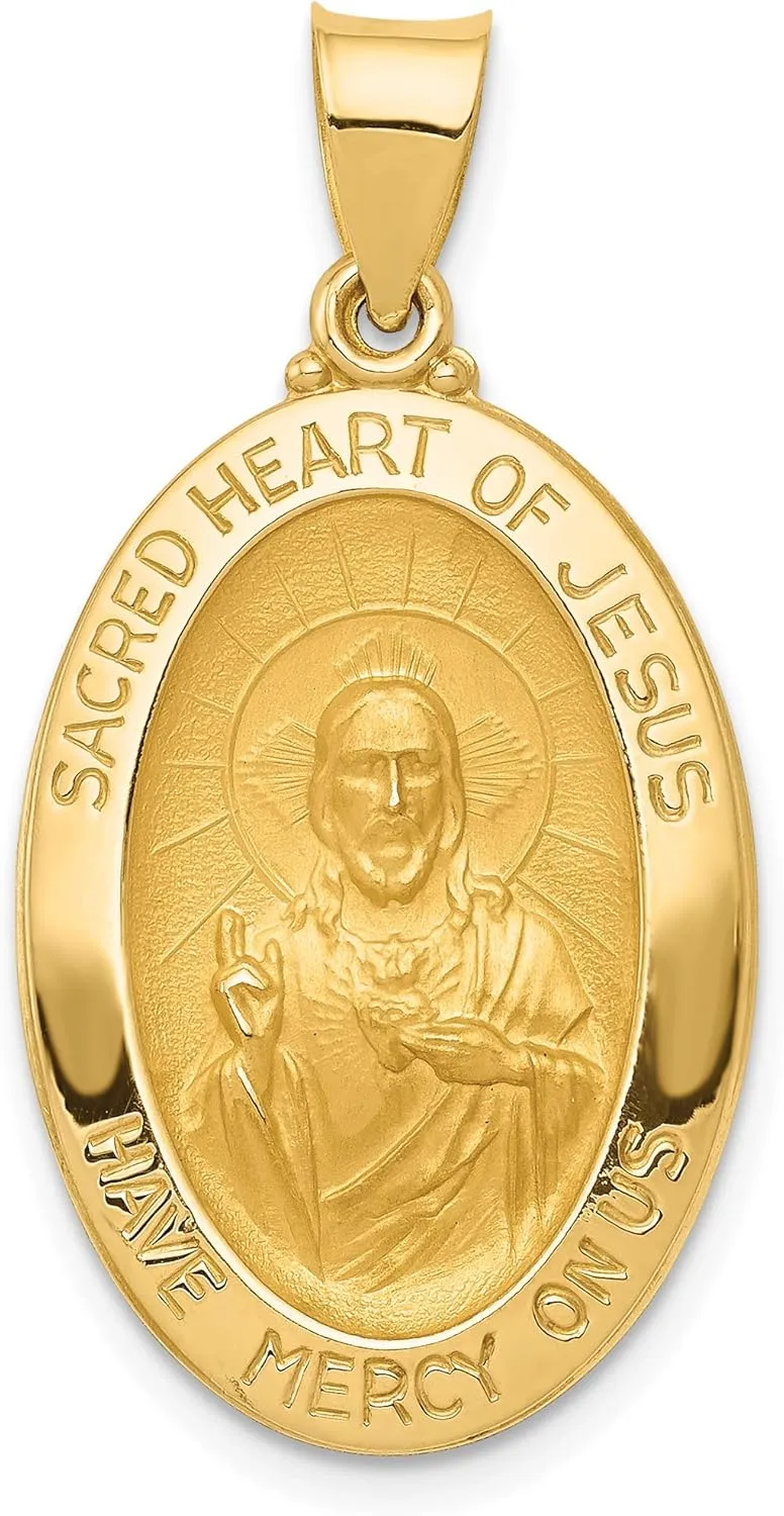 Avariah 14k Yellow Gold Polished and Satin Sacred Heart of Jesus Medal Hollow Pendant - 27mm