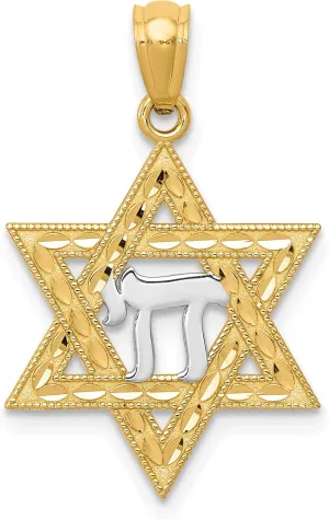 Avariah Solid 14k Yellow Gold w/Rhodium Star of David w/Chai Pendant - 24.77mm