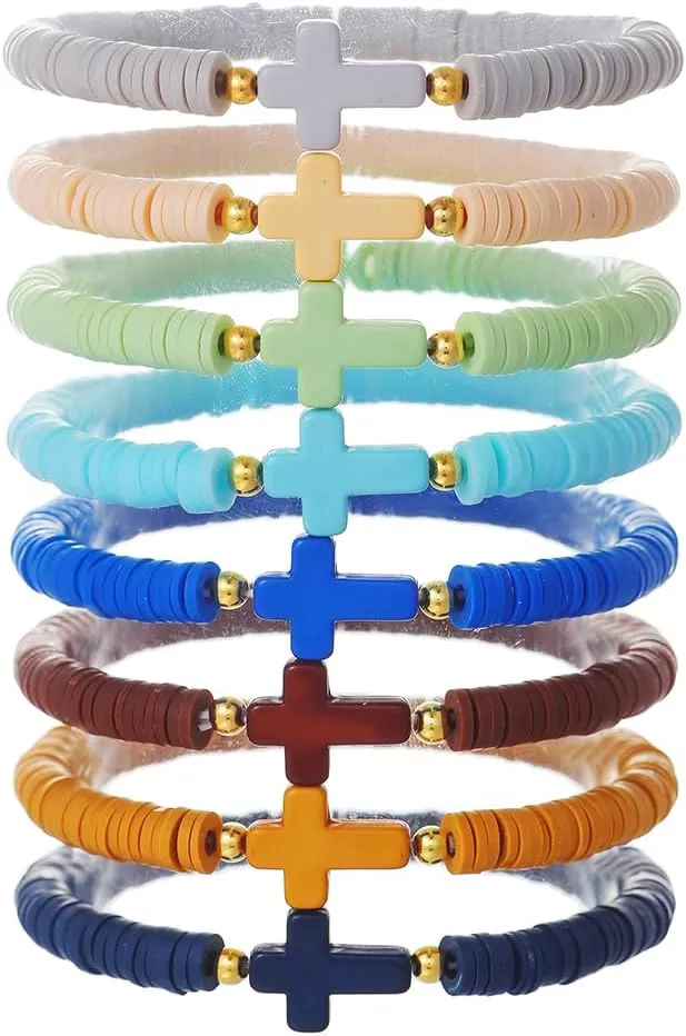 Baptism Communion Easter Confirmation Jewelry Gifts Trendy Cross Beaded Braceles Stack for Women Clay Colorful Surfer Heishi Bracelet Stackable Layering Bracelets