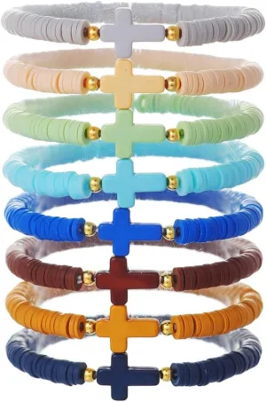 Baptism Communion Easter Confirmation Jewelry Gifts Trendy Cross Beaded Braceles Stack for Women Clay Colorful Surfer Heishi Bracelet Stackable Layering Bracelets
