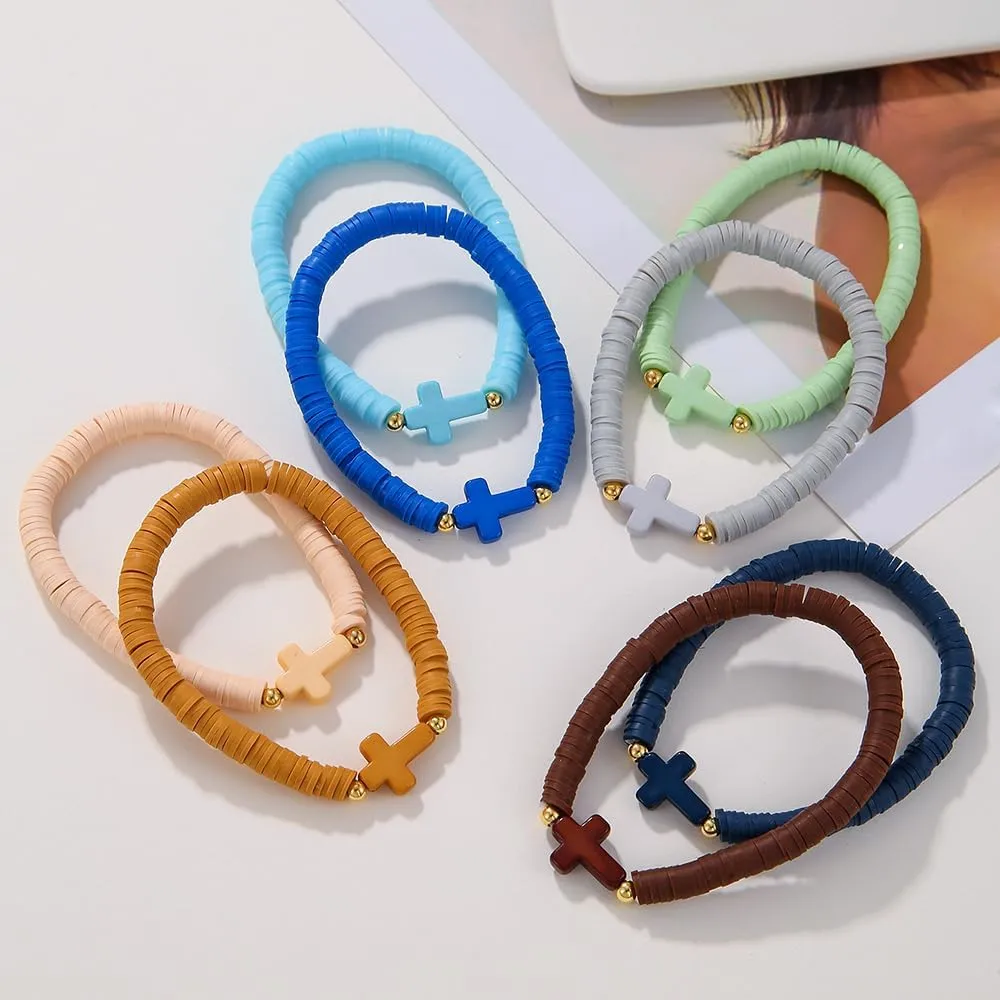 Baptism Communion Easter Confirmation Jewelry Gifts Trendy Cross Beaded Braceles Stack for Women Clay Colorful Surfer Heishi Bracelet Stackable Layering Bracelets