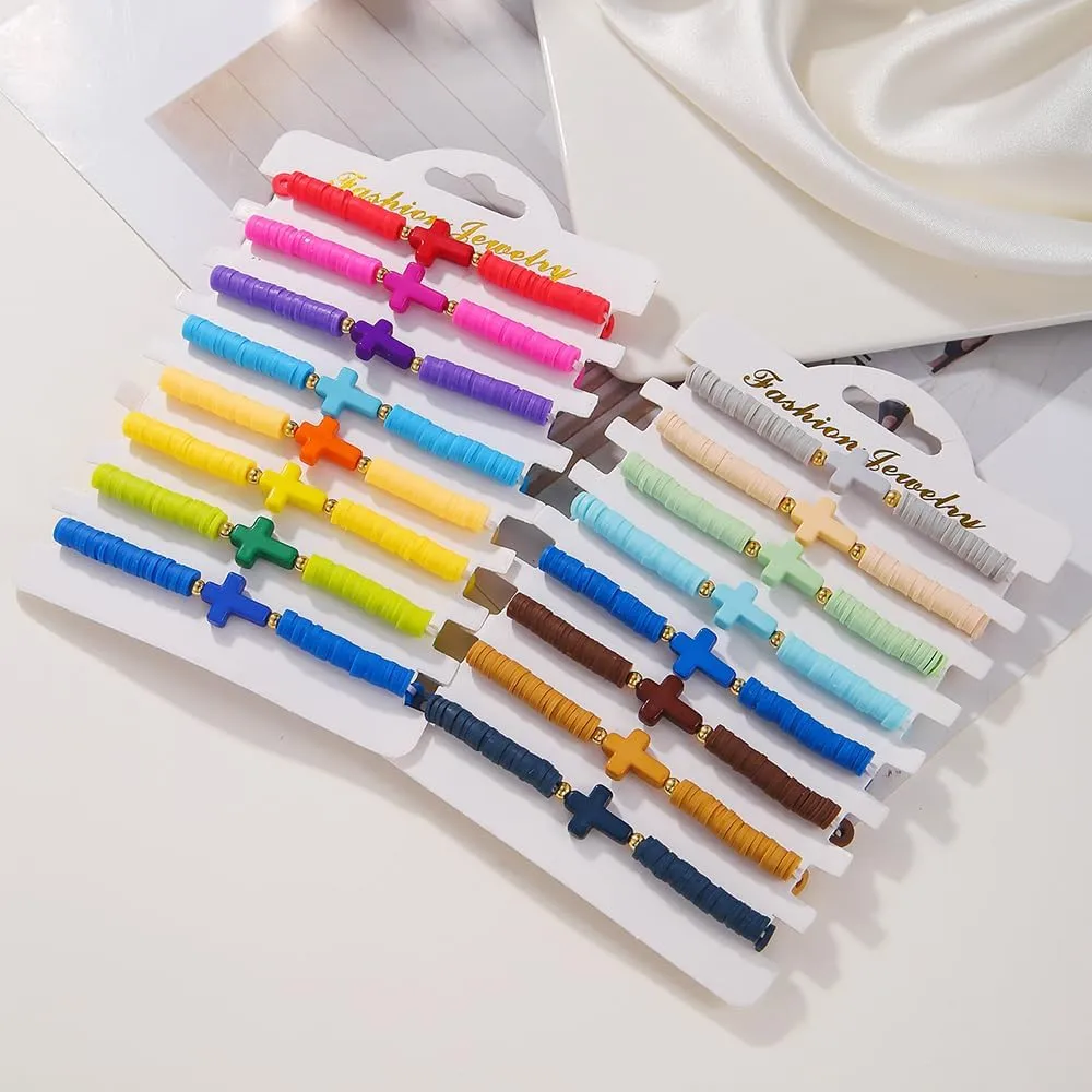 Baptism Communion Easter Confirmation Jewelry Gifts Trendy Cross Beaded Braceles Stack for Women Clay Colorful Surfer Heishi Bracelet Stackable Layering Bracelets