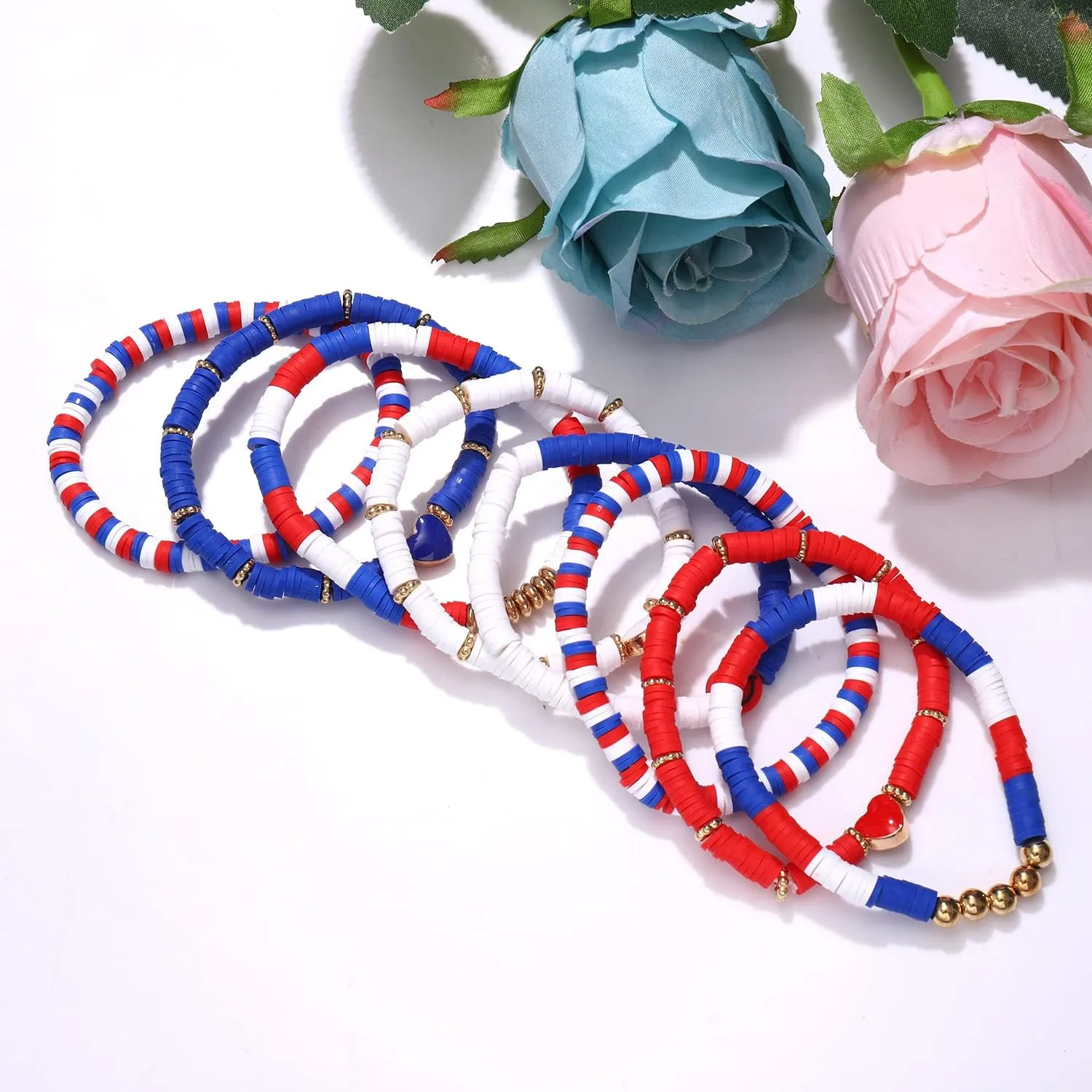 Beach Bracelet Set for Women - Stack Rainbow Friendship Bracelets Clay Heishi Beads Surfer Bracelets Stretch Handmade Elastic Srting Bracelets Bulk Boho Summer Jewelry for Men