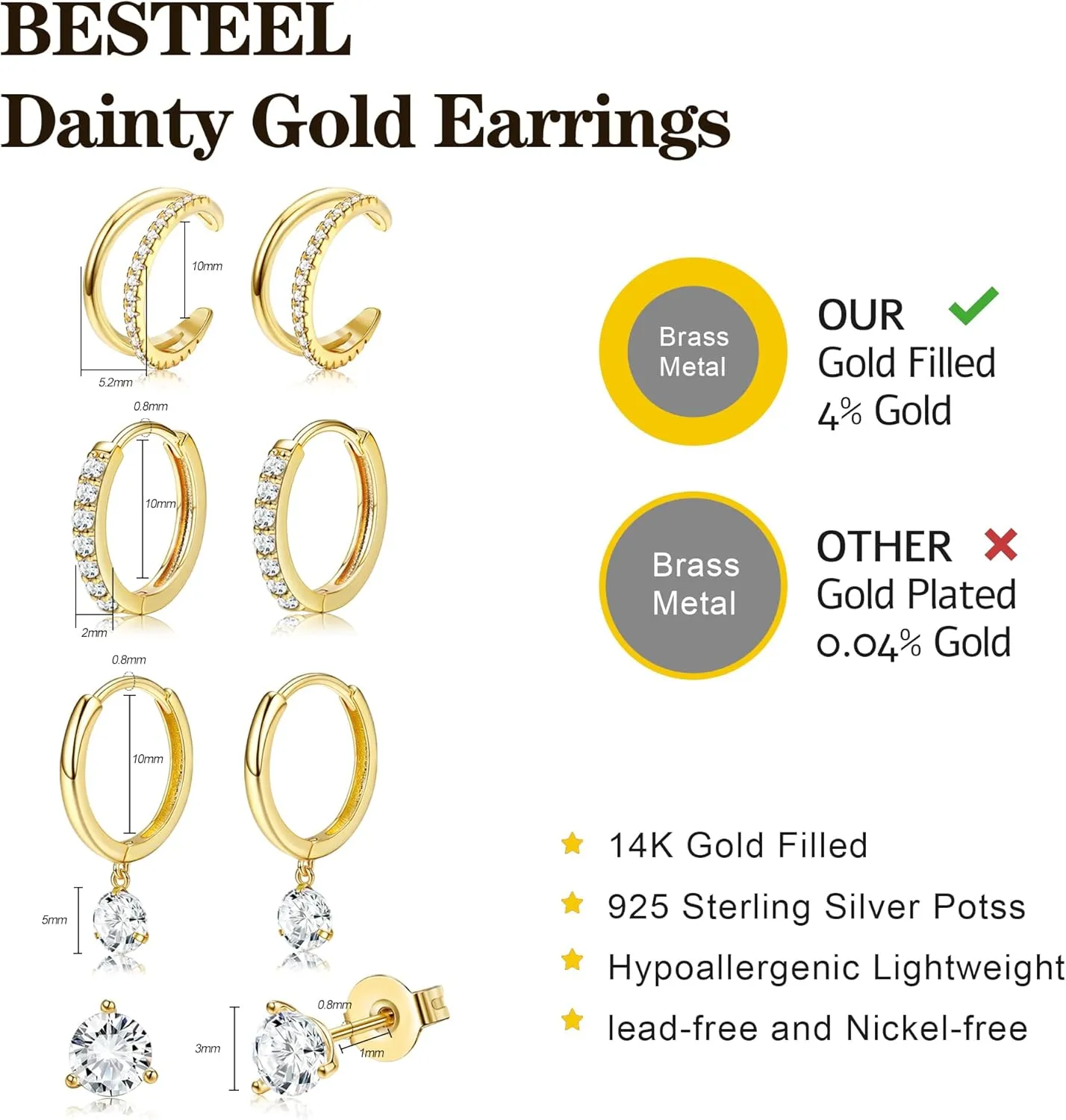 BESTEEL 4 Pairs Gold Hoop Stud Earrings Set for Women Small Hoop Earring Sets for Multiple Piercing Dainty Gold Huggie Earrings Hypoallergenic Earring Stacks