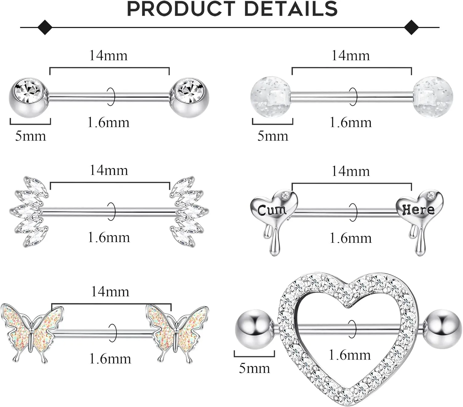 Besteel 8 Pairs Nipple Rings 14G Stainless Steel Nipplerings CZ Heart Butterfly Ball Tongue Barbell Rings Retainer Body Piercing Jewelry for Women
