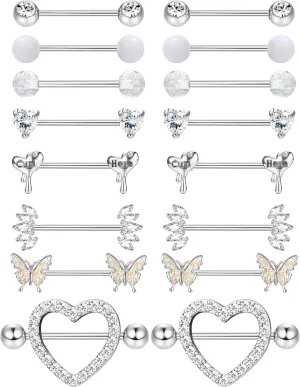 Besteel 8 Pairs Nipple Rings 14G Stainless Steel Nipplerings CZ Heart Butterfly Ball Tongue Barbell Rings Retainer Body Piercing Jewelry for Women