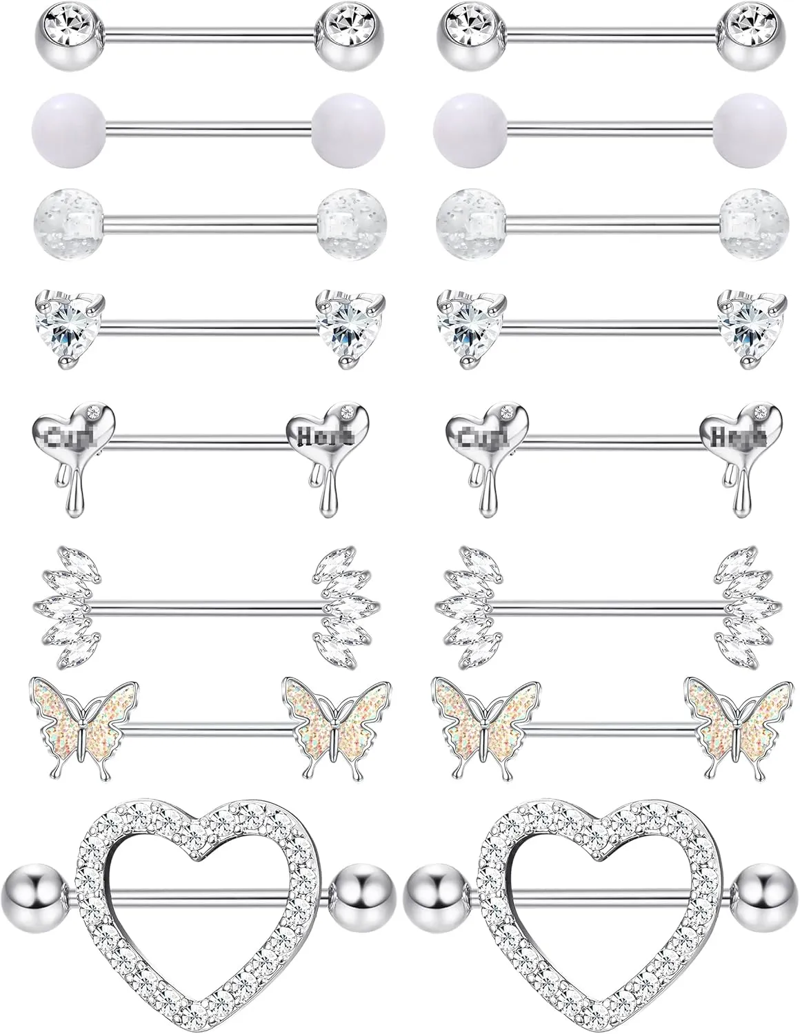 Besteel 8 Pairs Nipple Rings 14G Stainless Steel Nipplerings CZ Heart Butterfly Ball Tongue Barbell Rings Retainer Body Piercing Jewelry for Women