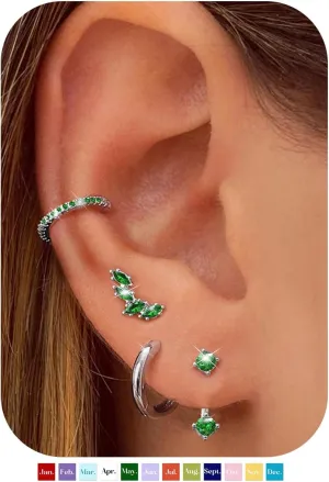 BESTEEL 925 Sterling Silver Birthstone Earrings Set for Women Small Hoop Earring Sets for Multiple Piercing Hypoallergenic Dainty Huggie Earrings Hoop Stud Earring Stacks for Birthday Jewelry
