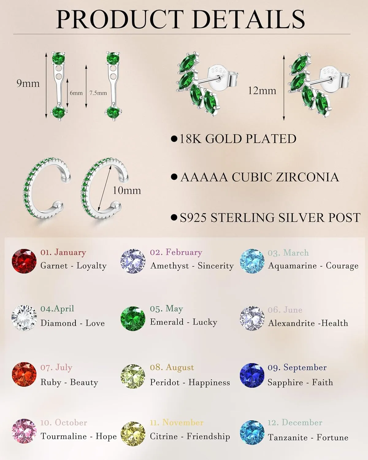 BESTEEL 925 Sterling Silver Birthstone Earrings Set for Women Small Hoop Earring Sets for Multiple Piercing Hypoallergenic Dainty Huggie Earrings Hoop Stud Earring Stacks for Birthday Jewelry
