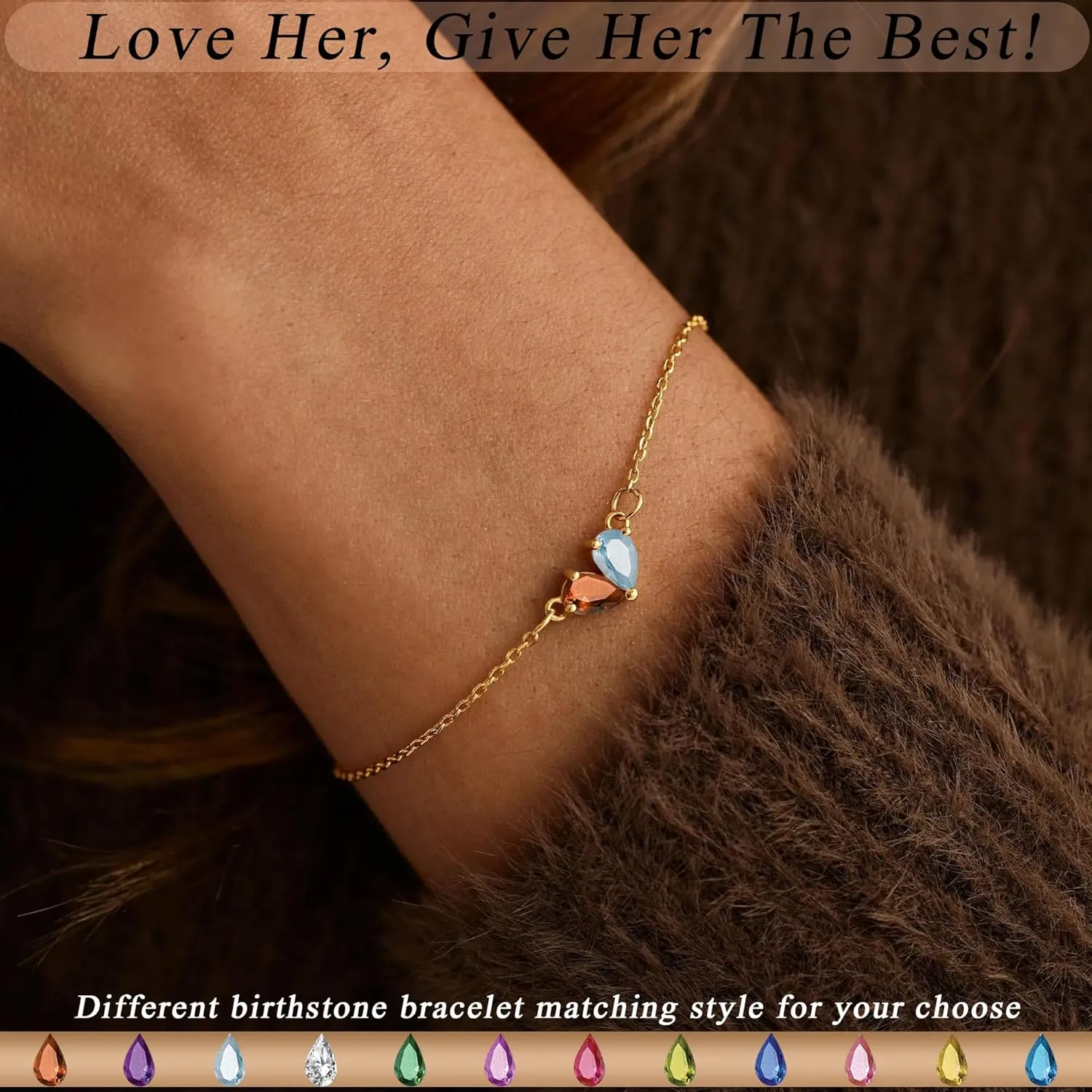 Birthstone Bracelets for Women, Dainty Gold Bracelet with Birthstone Birthday Gifts for Her Mothers Day Gifts Trendy Stuff 14k Plated Adjustable Link Bracelet Anniversary Christmas Jewelry