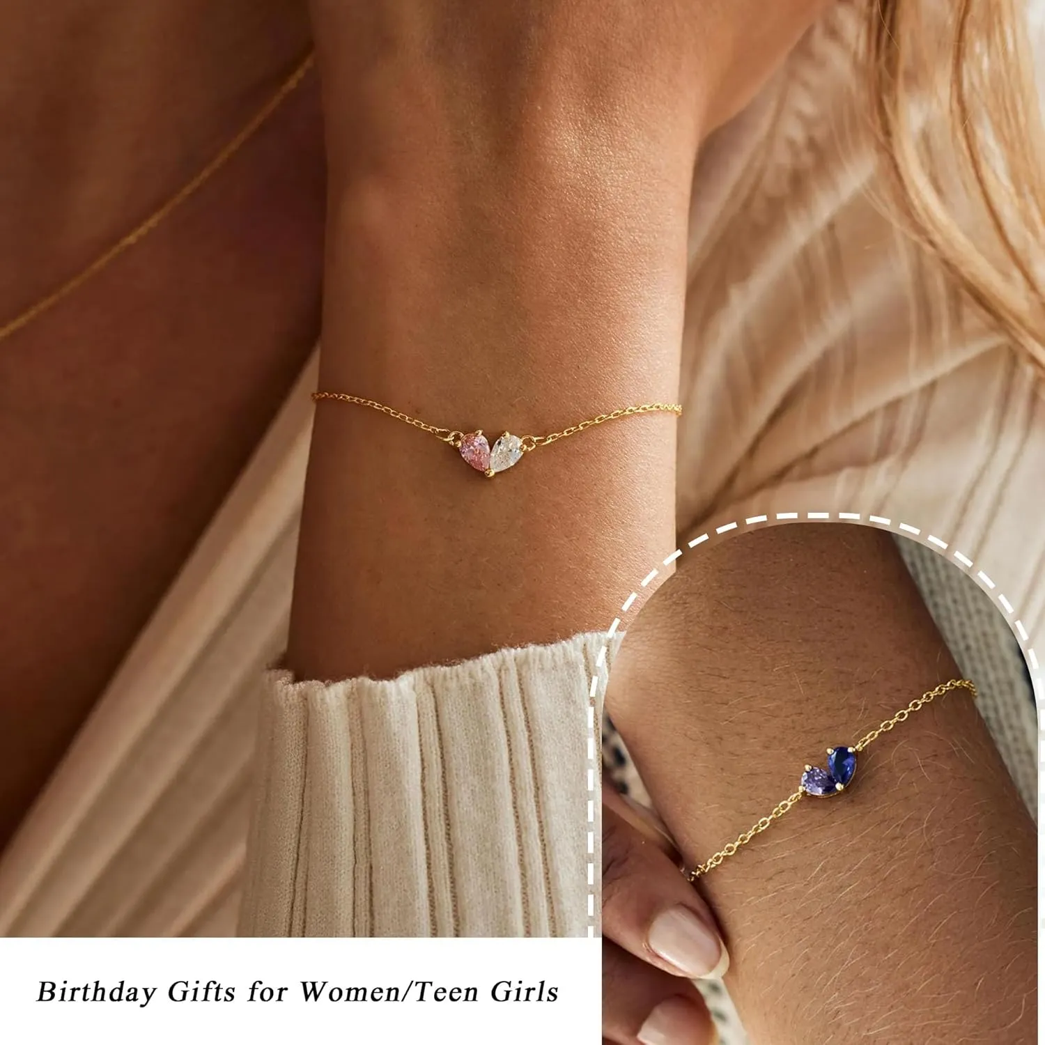 Birthstone Bracelets for Women, Dainty Gold Bracelet with Birthstone Birthday Gifts for Her Mothers Day Gifts Trendy Stuff 14k Plated Adjustable Link Bracelet Anniversary Christmas Jewelry