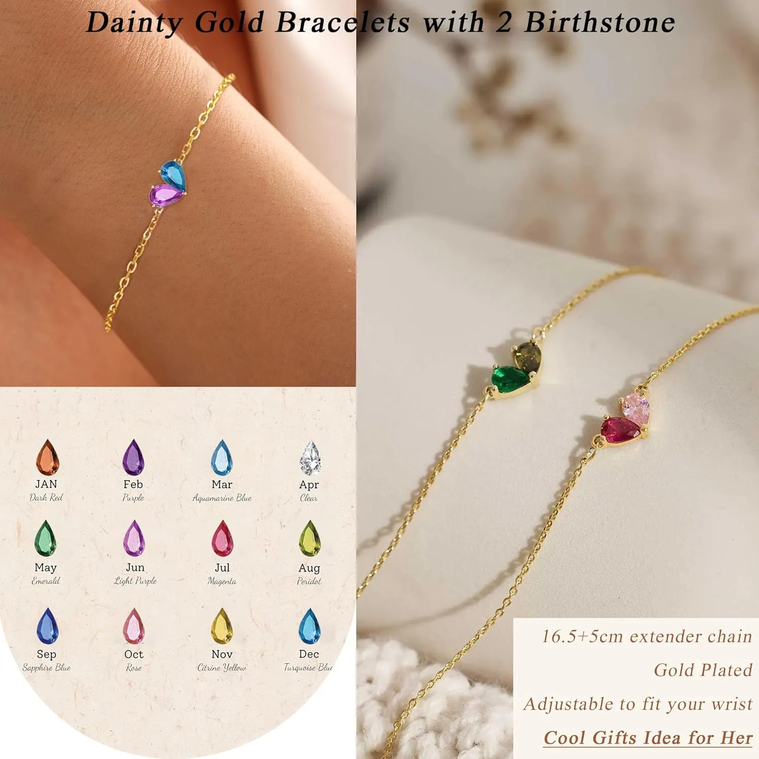 Birthstone Bracelets for Women, Dainty Gold Bracelet with Birthstone Birthday Gifts for Her Mothers Day Gifts Trendy Stuff 14k Plated Adjustable Link Bracelet Anniversary Christmas Jewelry