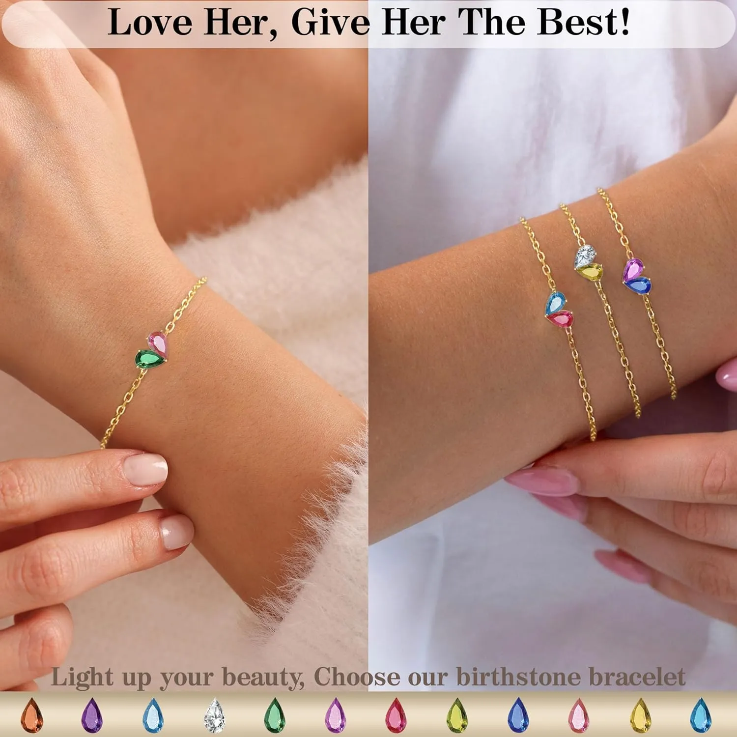 Birthstone Bracelets for Women, Dainty Gold Bracelet with Birthstone Birthday Gifts for Her Mothers Day Gifts Trendy Stuff 14k Plated Adjustable Link Bracelet Anniversary Christmas Jewelry