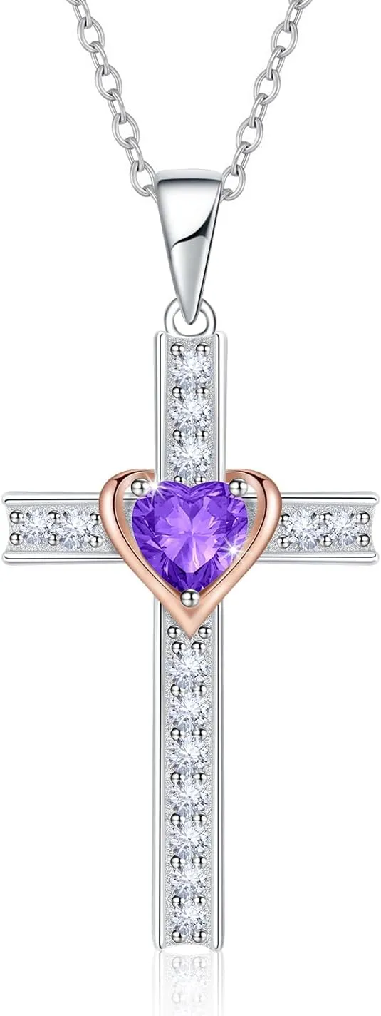 Birthstone Cross Necklace for Women, 925 Sterling Silver Heart Cross Pendant Necklace, Fine Cross Jewelry February Birthday Gifts for Her, 18" 2" Inches