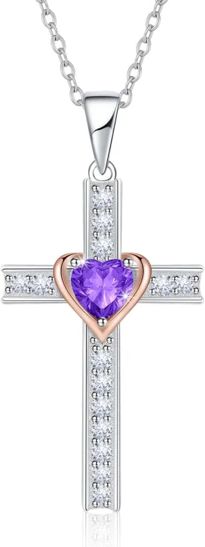 Birthstone Cross Necklace for Women, 925 Sterling Silver Heart Cross Pendant Necklace, Fine Cross Jewelry February Birthday Gifts for Her, 18" 2" Inches