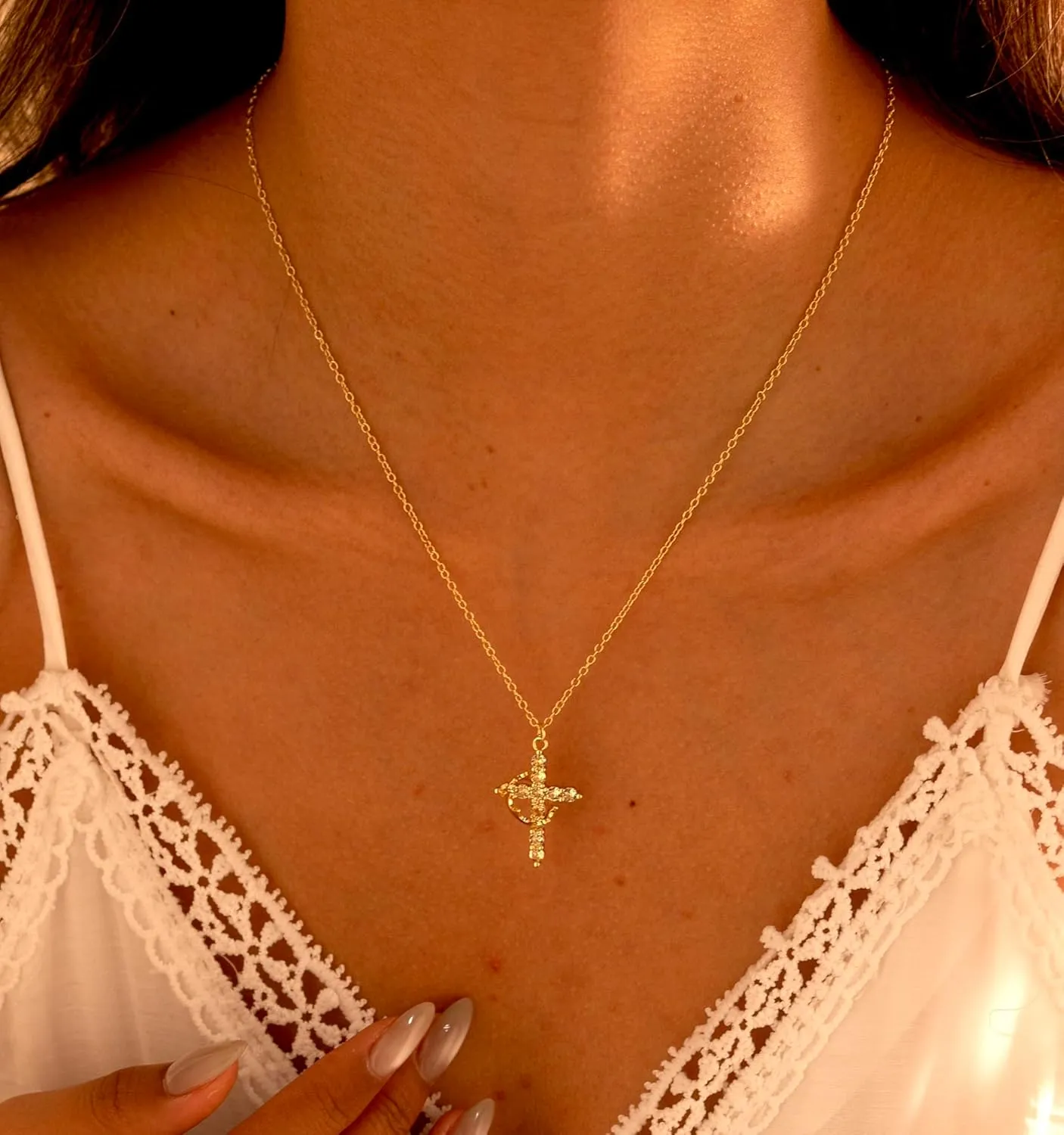 Birthstone Cross Necklace with Crown Dainty Cross and Crown Necklace for Women Simple Gold Cubic Zirconia Christian Jewelry for Women