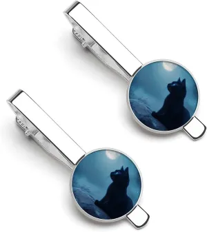 Black Cat And Moon 1 Pair Mens Tie Clip Stylish Tie Bars Gift for Father Husband Boyfriend Business