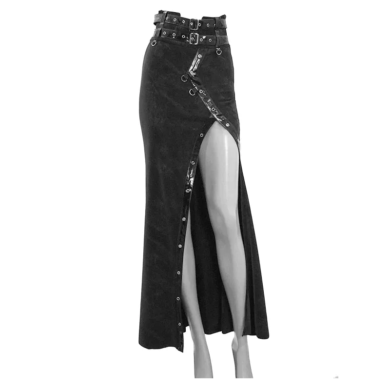 Black High Slit Skirt w/ Vegan Patent Leather Strap Details