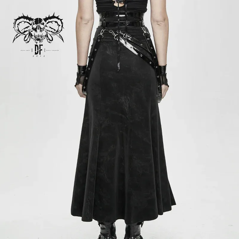 Black High Slit Skirt w/ Vegan Patent Leather Strap Details
