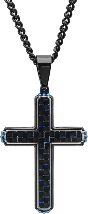 Black Stainless Steel and Carbon Fiber Men's Cross Pendant with Curb Chain Necklace - 24"