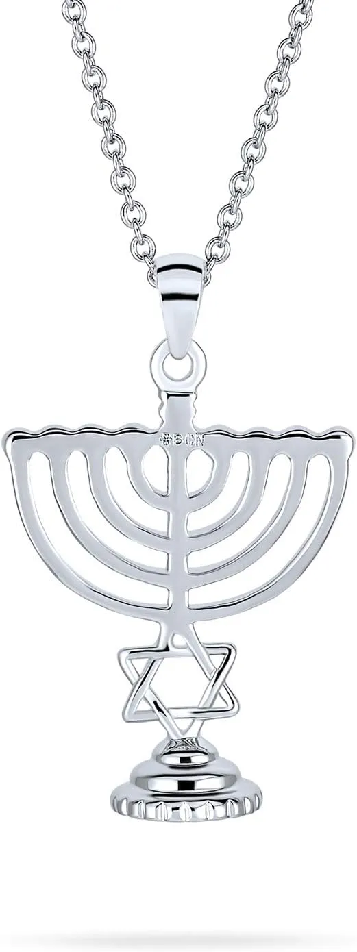 Bling Jewelry Created Blue Opal Religious Judaica Hanukkah Menorah Star Of David Pendant Necklace For Women Teens Bat Mitzvah Silver