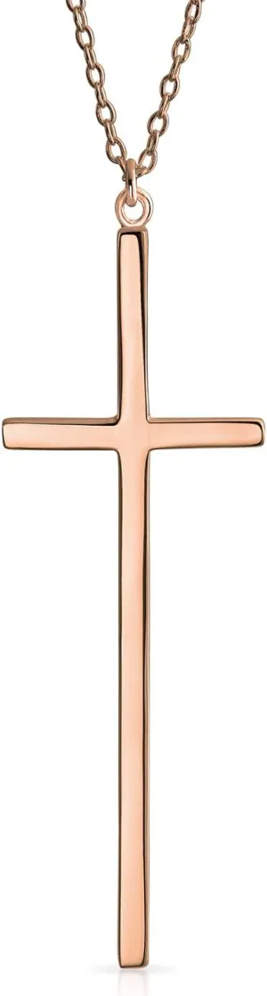 Bling Jewelry Modern Elongated Simple Basic Long Flat Thin Delicate Religious Latin Cross Pendant Necklace For Women Teen Rose Gold Plated .925 Sterling Silver