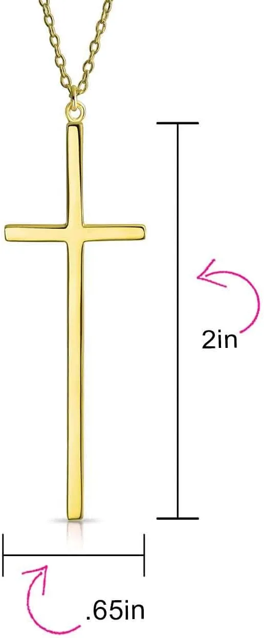 Bling Jewelry Modern Elongated Simple Basic Long Flat Thin Delicate Religious Latin Cross Pendant Necklace For Women Teen Rose Gold Plated .925 Sterling Silver