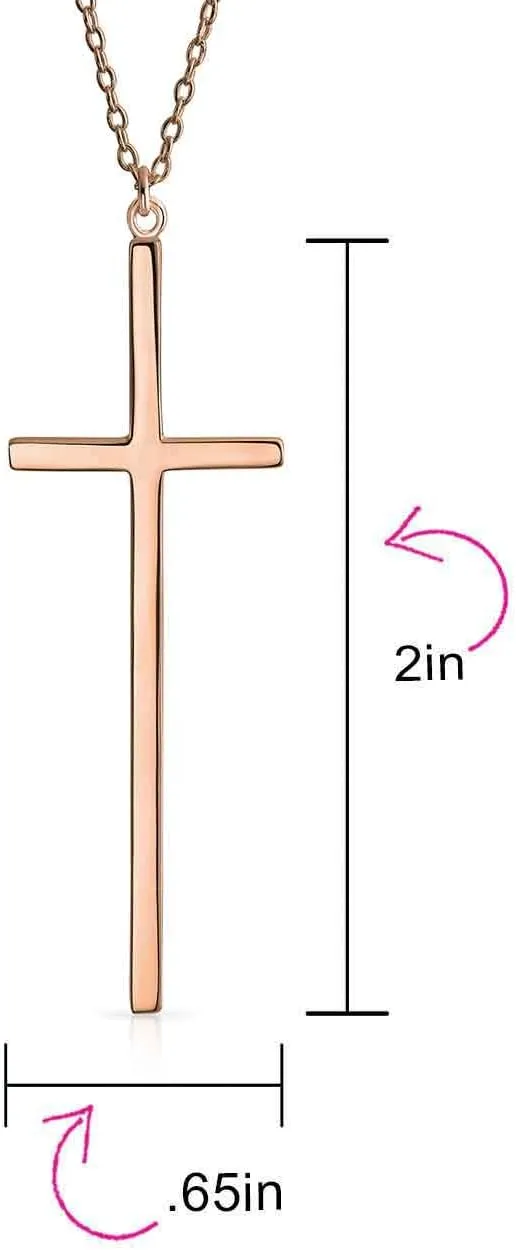 Bling Jewelry Modern Elongated Simple Basic Long Flat Thin Delicate Religious Latin Cross Pendant Necklace For Women Teen Rose Gold Plated .925 Sterling Silver