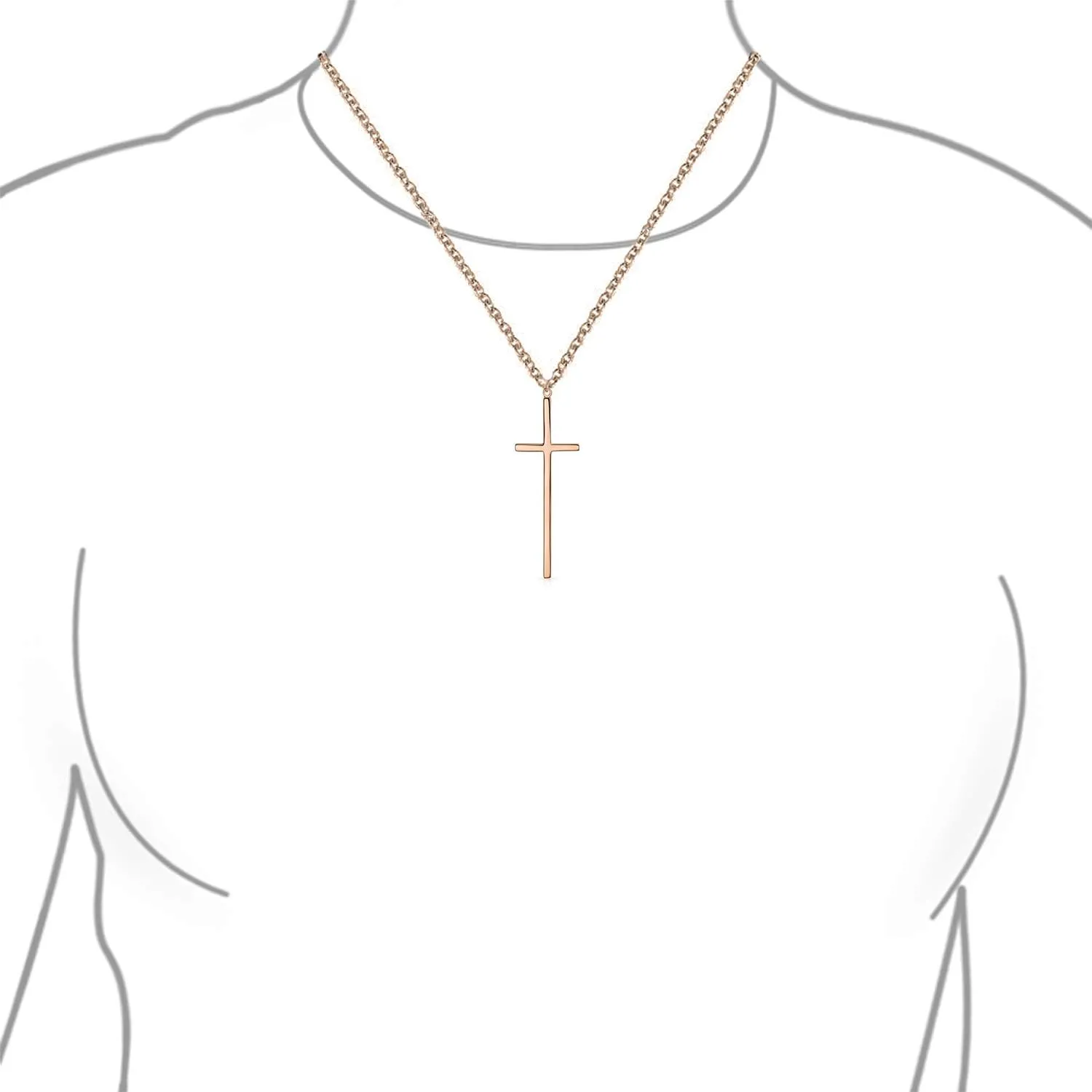 Bling Jewelry Modern Elongated Simple Basic Long Flat Thin Delicate Religious Latin Cross Pendant Necklace For Women Teen Rose Gold Plated .925 Sterling Silver