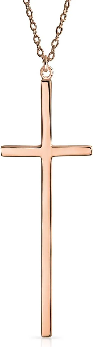 Bling Jewelry Modern Elongated Simple Basic Long Flat Thin Delicate Religious Latin Cross Pendant Necklace For Women Teen Rose Gold Plated .925 Sterling Silver