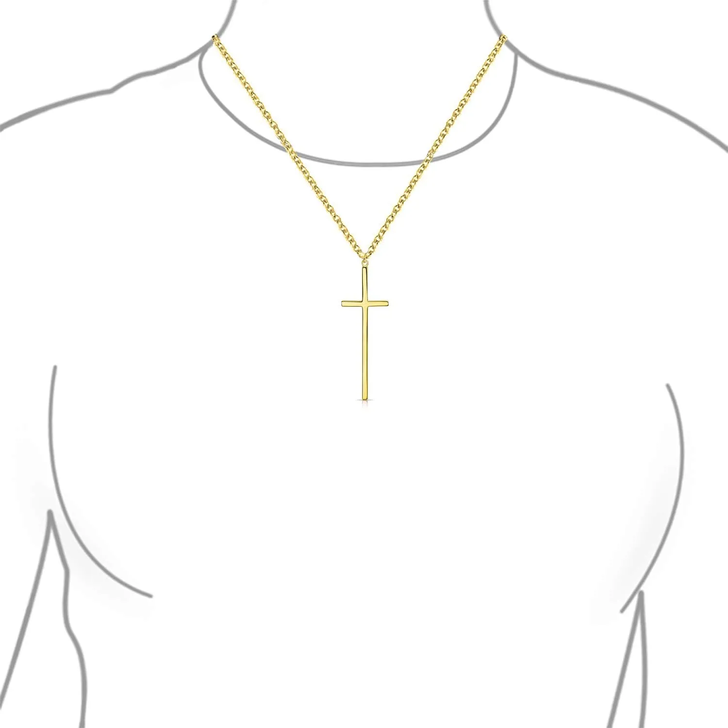 Bling Jewelry Modern Elongated Simple Basic Long Flat Thin Delicate Religious Latin Cross Pendant Necklace For Women Teen Rose Gold Plated .925 Sterling Silver