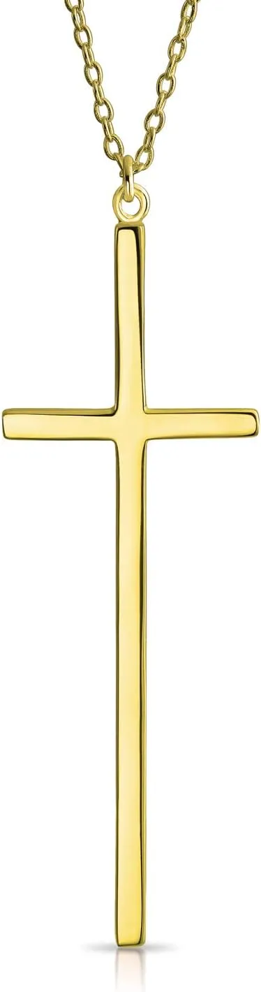 Bling Jewelry Modern Elongated Simple Basic Long Flat Thin Delicate Religious Latin Cross Pendant Necklace For Women Teen Rose Gold Plated .925 Sterling Silver