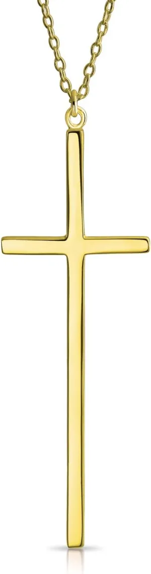 Bling Jewelry Modern Elongated Simple Basic Long Flat Thin Delicate Religious Latin Cross Pendant Necklace For Women Teen Rose Gold Plated .925 Sterling Silver