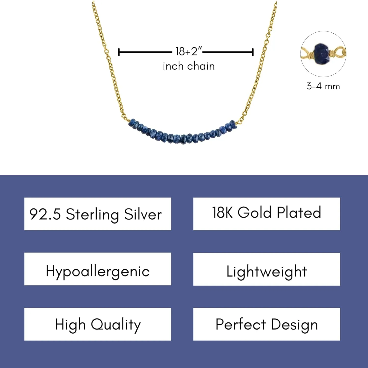Blue Sapphire Necklace for Women, Premium Gold Beaded Bar Necklaces - Tarnish Free 18K Gold Plated Certified S925 Classic Statement Necklace Gold Jewelry for Women - Mothers Day Gifts for Mom Wife