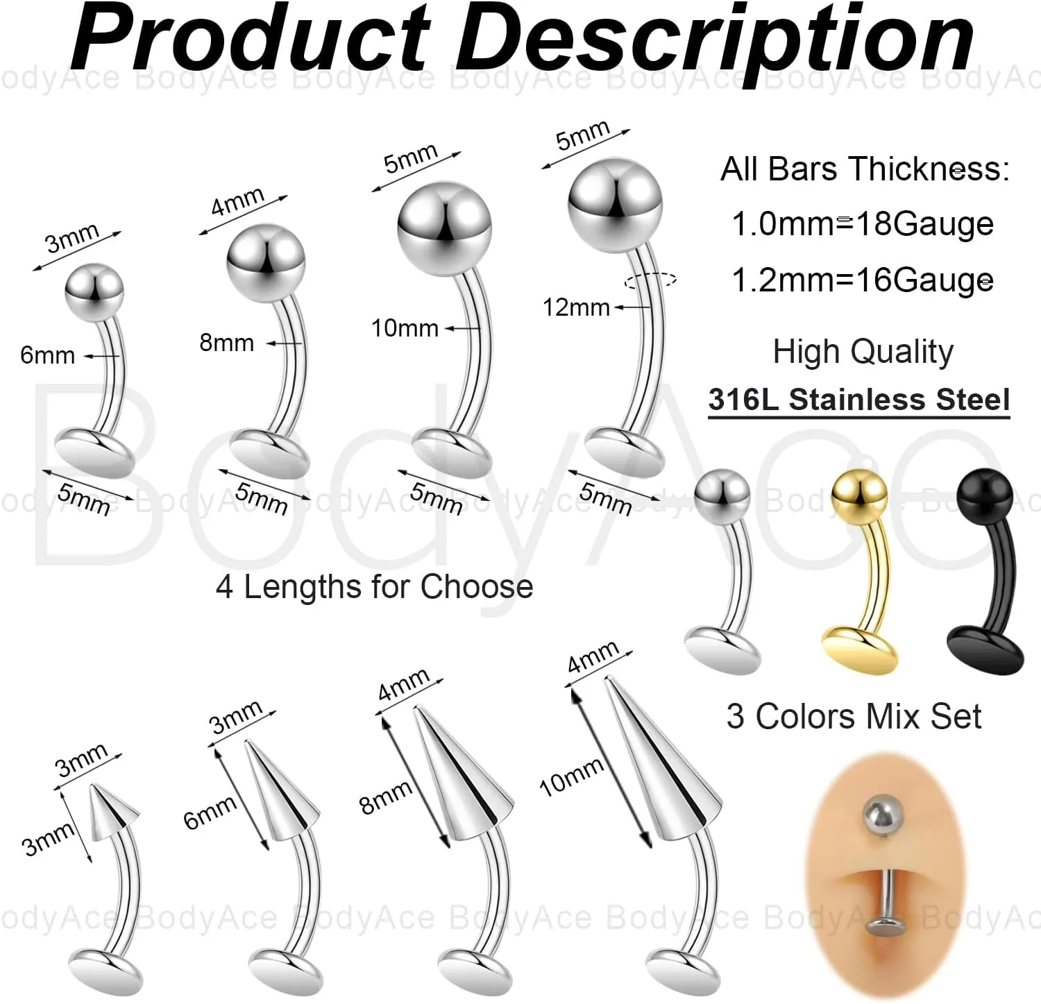 BodyAce 16G/18G Spike Belly Button Ring, Stainless Steel Tragus Stud Flat Back Earrings, Curved Navel Barbell Lip Rings Labret Piercing Eyebrow Jewelry