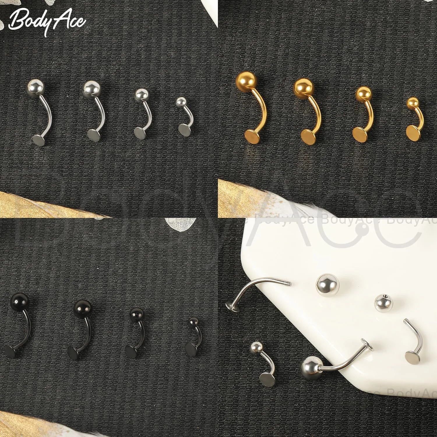 BodyAce 16G/18G Spike Belly Button Ring, Stainless Steel Tragus Stud Flat Back Earrings, Curved Navel Barbell Lip Rings Labret Piercing Eyebrow Jewelry