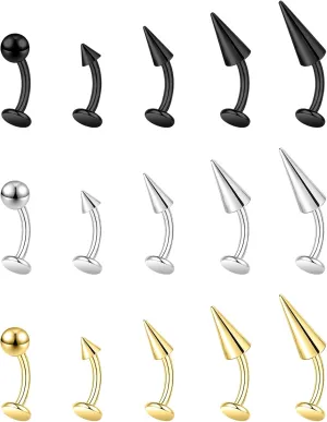 BodyAce 16G/18G Spike Belly Button Ring, Stainless Steel Tragus Stud Flat Back Earrings, Curved Navel Barbell Lip Rings Labret Piercing Eyebrow Jewelry